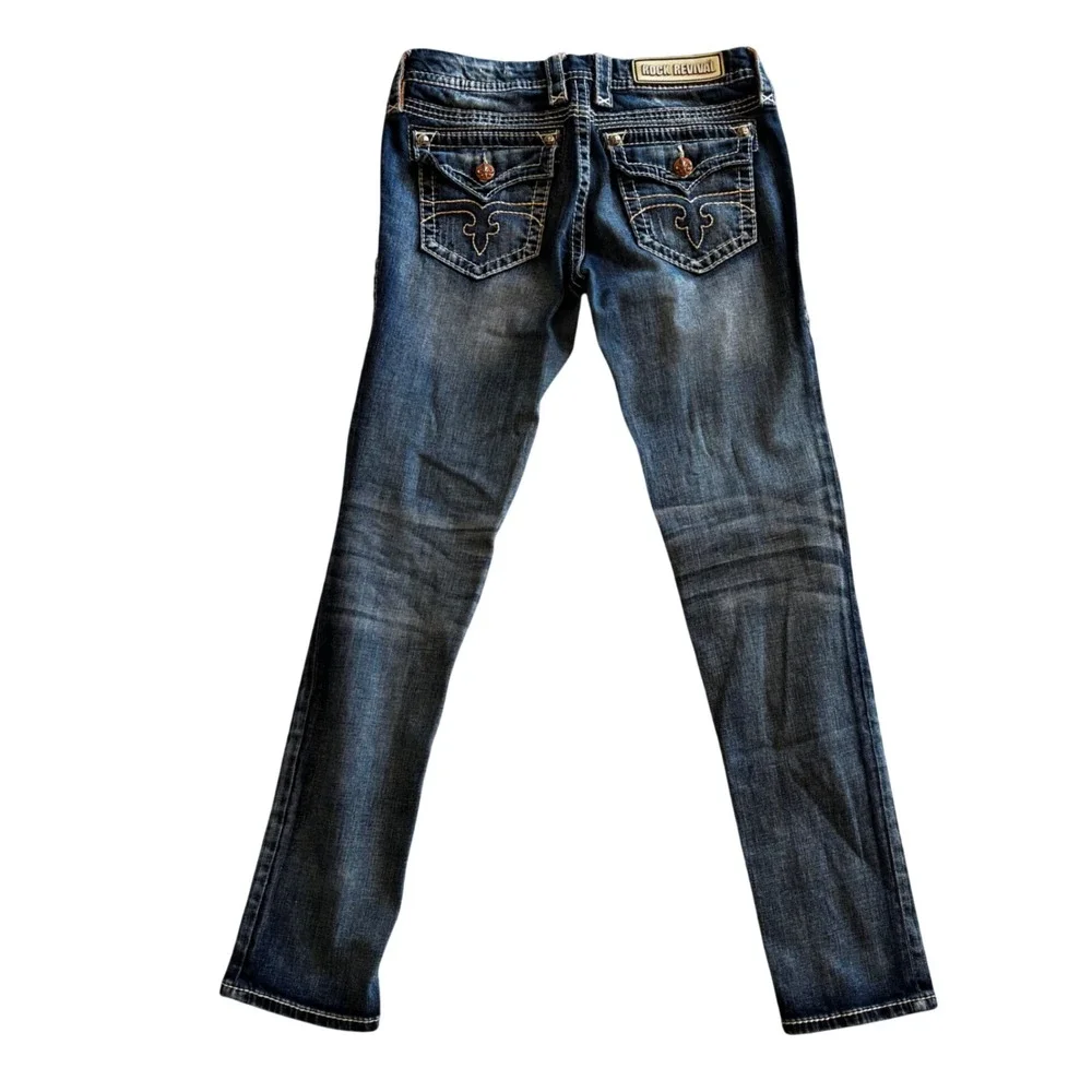 Rock Revival Jessica Skinny Jeans Dark Wash Flap Pocket Sz 29 Faded Whisker Y2k